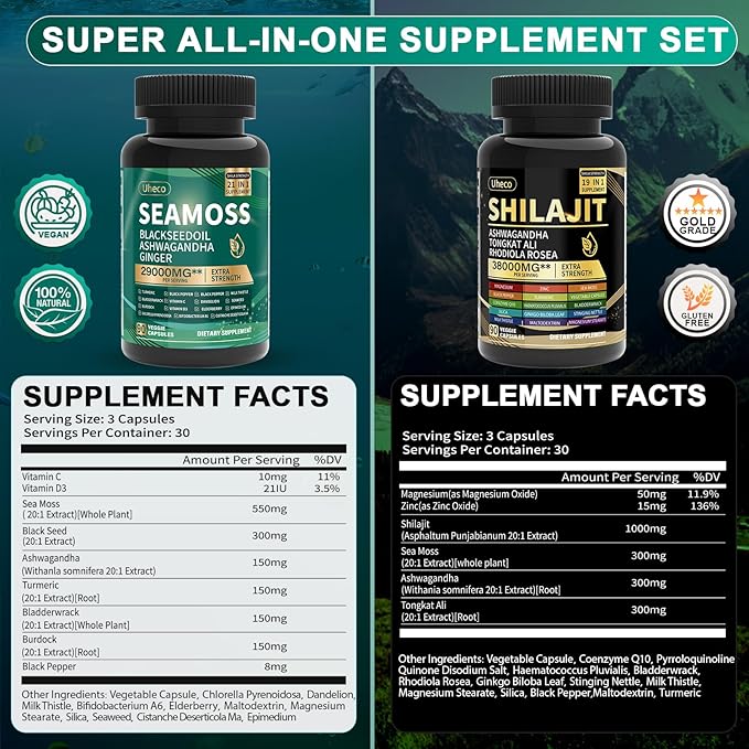 Shilajit and Sea Moss Vitality Bundle, Sea Moss 11000 mg, Shilajit 20000 mg, Black Seed, Ashwagandha, Turmeric, Bladderwrack, Burdock, Tongkat Ali, All in 1 Mineral Supplements
