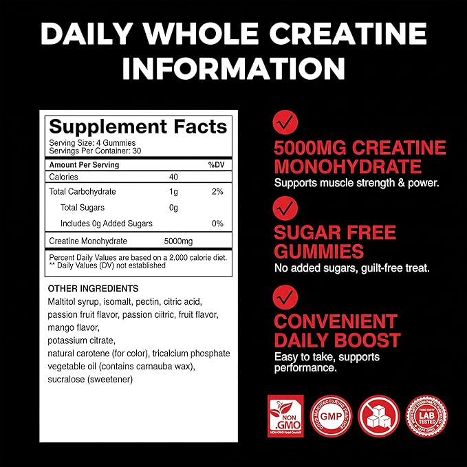Creatine Monohydrate Gummies 5000mg for Women & Men, NSF Certified, Sugar Free, Vegan, 120 Count, Pre Workout Muscle Strength & Recovery Supplement