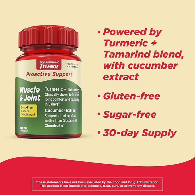 Tylenol Proactive Support* Muscle & Joint Supplement, Drug-Free Daily Turmeric Supplement + Tamarind + Cucumber Extract, Improves Joint Comfort & Flexibility in 5 Days*, 30 ct