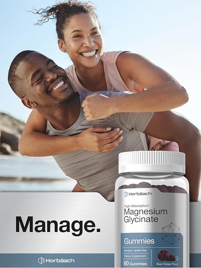 Horbäach Magnesium Glycinate Gummies | 60 Count | Sour Grape Flavor | High Absorption | Vegan, Non-GMO, Gluten Free