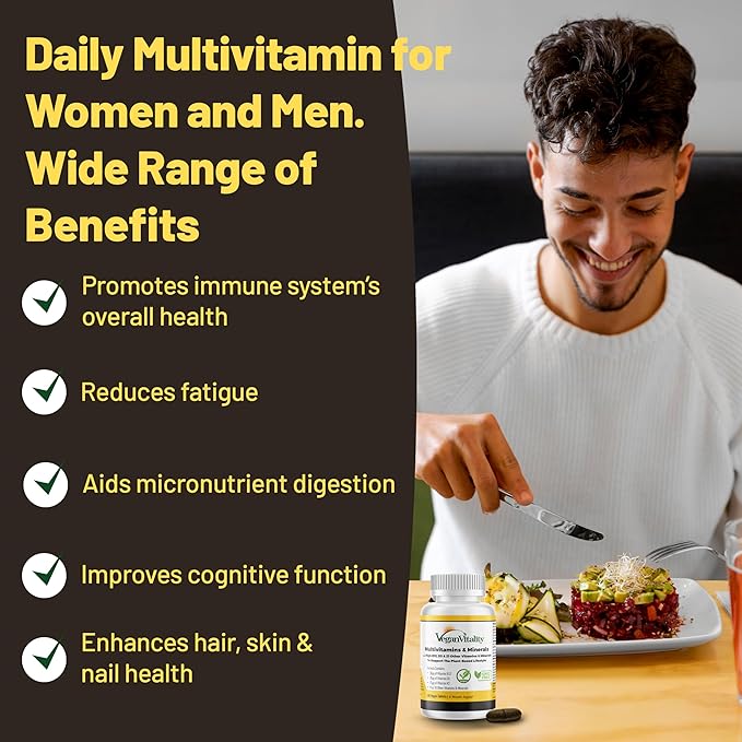 Vegan Vitality Multivitamins & Minerals for Women and Men with High Strength Vitamin B12, D3 & K2. 180 Vegan Multivitamin Tablets - 6 Months Supply. Vitamins for Vegans. Women Multivitamin