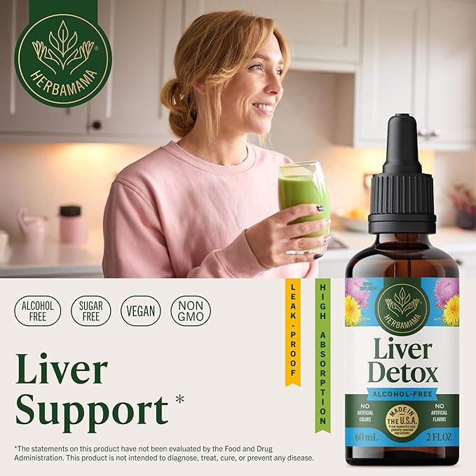 HERBAMAMA Liver Support Tincture - Vegan Liver Detox Liquid Drops with Milk Thistle, Dandelion Root & Chanca Piedra - Non-GMO, Alcohol & Sugar-Free Liquid Cleanse Supplement, 42-Day Supply