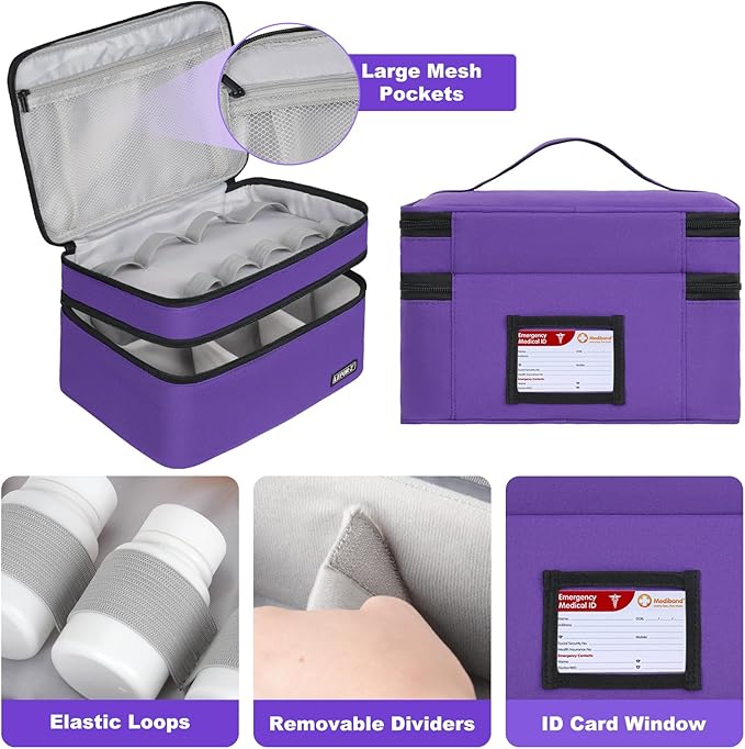 LEFOR·Z Medicine Storage Bag,Double Layers Pill Bottle Organizer Bag Empty with Lockable Zipper&Adjustable Divider,Medication Travel Carrying Bag for Pills,Vitamins,Medical Supplies,Purple