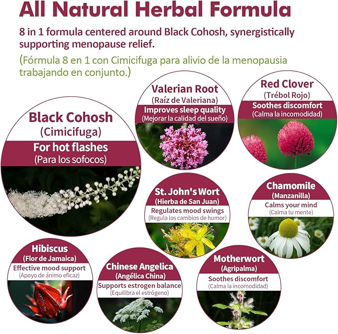 Black Cohosh Liquid Drops for Menopause Hot Flashes, 8-in-1 Herbal Supplements Tincture w/Red Clover, Motherwort Extract for Night Sweats. Cimicifuga & Valeriana para Menopausia. 2oz