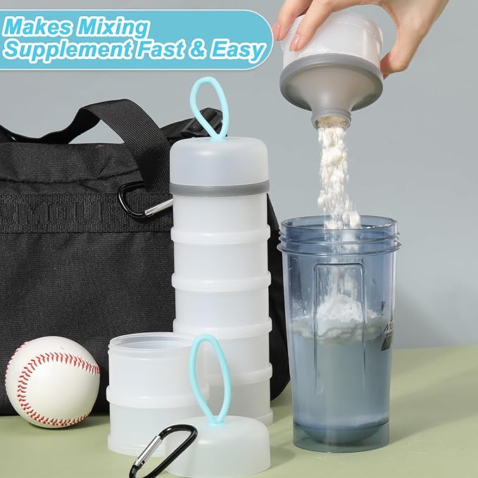 Baderke 2 Pcs Protein Powder Containers with Funnels Stand, 5 and 3 Layers Stackable Powder Supplement Travel Container Formula Organizer Storage Powders Holder for Travel Workout Fitness(White)