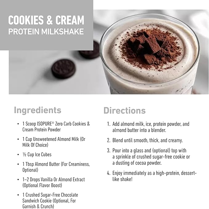 Isopure Zero Carb 100% Pure Whey Isolate Protein Powder, Gluten Free, With Vitamins, Cookies & Cream, 25g Protein Per Serving, 3 Pounds, 44 Servings (Packaging May Vary)