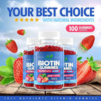Biotin 10,000mcg Gummies for Hair Growth, Skin & Nails (100 Count) - 2x Maximum Strength Biotin Vitamins for Women & Men - Gluten-Free, Vegan, Non-GMO, Great Tasting Strawberry Flavor - 100 Gummies