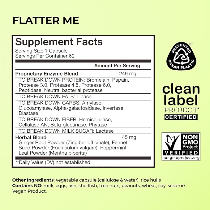 HUM Flatter Me Digestive Enzymes for Women & Men, Digestive Health Bloating Supplement with Ginger & Peppermint Leaf, Fast Acting Anti Bloat Pills Multi Enzyme for Debloating, Vegan, 60 Capsules