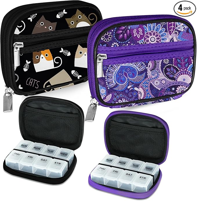 Serfeymi Weekly Travel Pill Organizer Pill Case for Purse with Removable 7 Day Pill Box, Fashionable Travel Medicine Organizer Pill Container for Medicine, Vitamin, Supplement - Black 03 + Purple 01