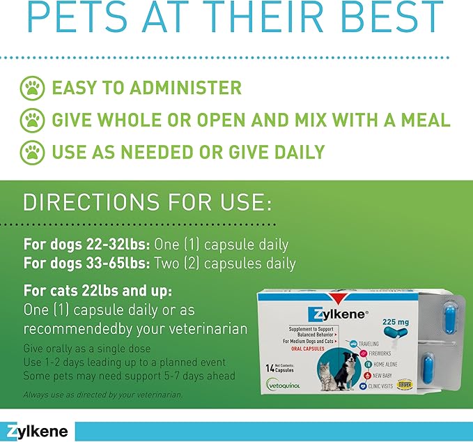 Vetoquinol Zylkene Calming Support Supplement for Medium Dogs 33-65lbs Promotes Relaxation, Reduces Stress, and Supports Occasional Anxiety Relief for Dogs, 225mg - 14 Capsules