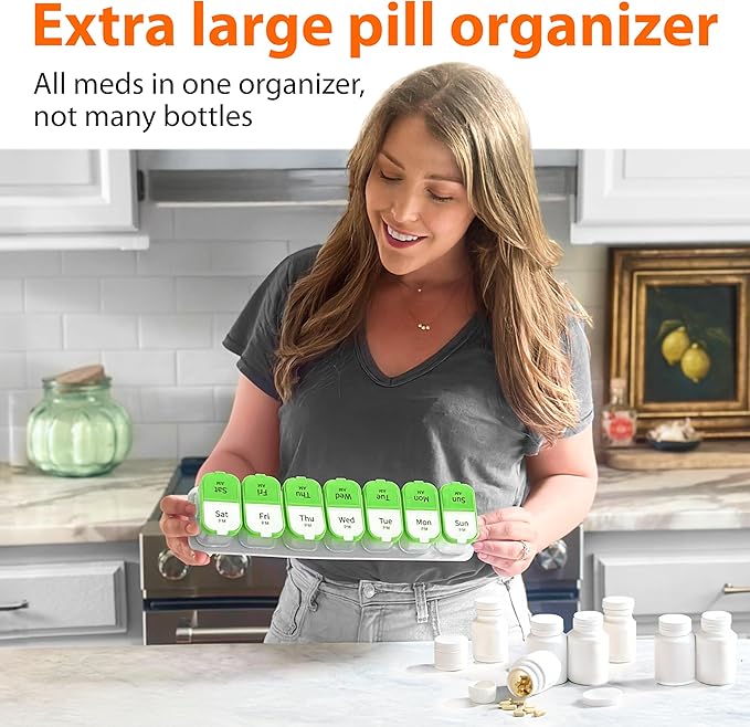 Extra Large Weekly Pill Organizer - XL Vitamin Holder with 7 Detachable AM PM Compartments - Portable Medicine Dispenser for Home and Travel, Big Supplement Container for Weekly or Daily Use, Green