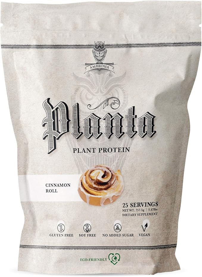 Ambrosia Planta - Plant-Based Protein Powder 20g | Dairy Free Vegan Protein Powder with BCAA Amino Acids | Keto-Friendly, No Added Sugar | 25 Servings | Cinnamon Roll