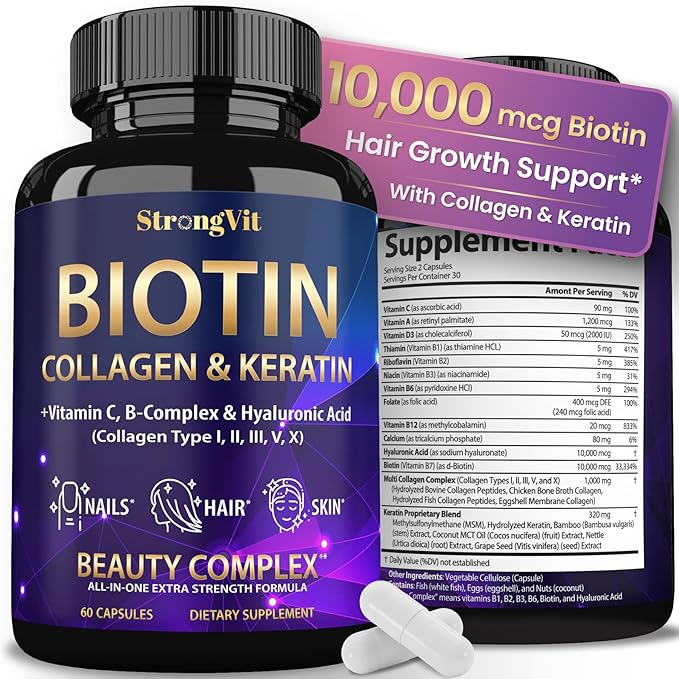 Biotin with Hyaluronic Acid, Keratin and Collagen Supplements - 10000mcg for Hair Growth Women and Men - Hair Skin and Nails Vitamins - 60 Capsules