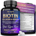 Biotin with Hyaluronic Acid, Keratin and Collagen Supplements - 10000mcg for Hair Growth Women and Men - Hair Skin and Nails Vitamins - 60 Capsules