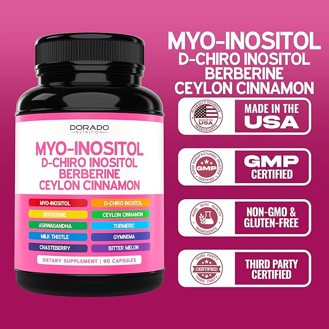 Myo-Inositol & D-Chiro Inositol Supplement For Women (90 Capsules, 40:1 Ratio Myo Inositol) Hormone Balance for Women - 10 in 1 Formula - Third Party Tested, Vegan Safe & USA Made - (90 Count)