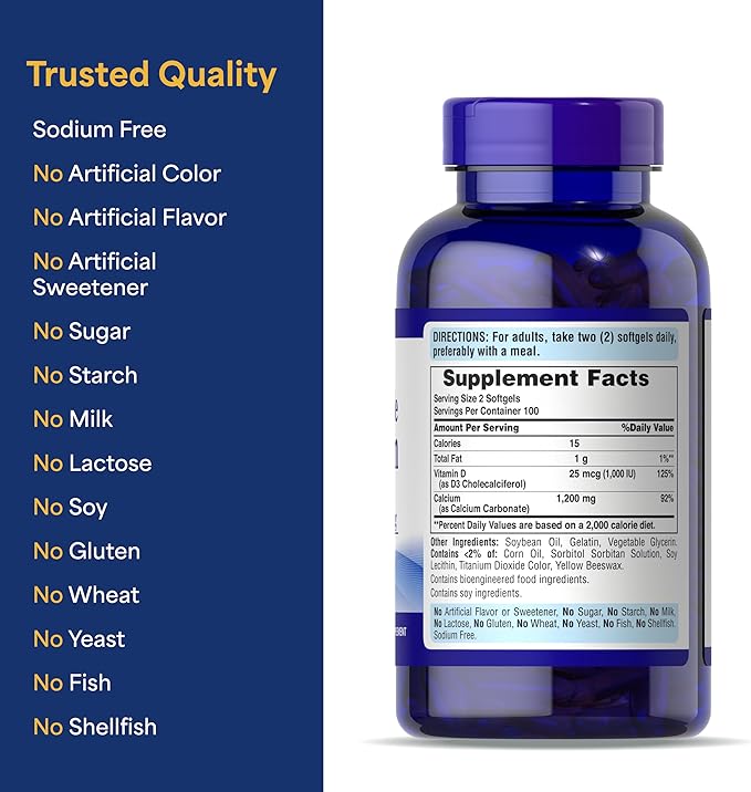 Puritan's Pride Absorbable Calcium 1200 mg Plus Vitamin D3 25mcg 1000 IU with Bone-Active™, 200 Rapid Release Softgels