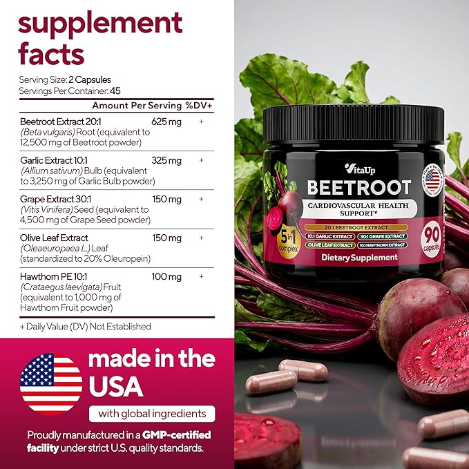 VitaUp Beet Root Capsules - USA Made Beetroot Supplement for Normal Circulation, Nitric Oxide & Heart Support - 5-in-1 Beets with Grape Seed, Garlic Extract, Hawthorn Berry, Olive Leaf - 90 Vegan Caps