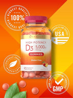 Carlyle Vitamin D3 Gummies | 5000 IU (125 mcg) | 90 Count | High Potency for Adults | Peach Flavor | Vegetarian, Non-GMO, Gluten Free Supplement