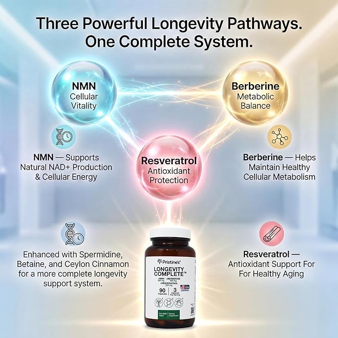 PRISTINE'S Longevity Complete Anti Aging NMN Complex - Advanced Cellular Support - NMN 500mg, Berberine 500mg, Resveratrol 250mg, Healthy Aging, Autophagy & NAD+ Support - Glass Bottle