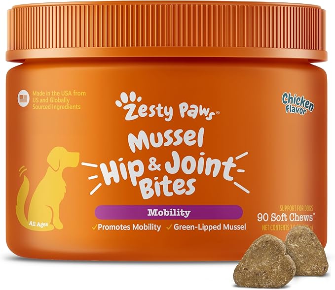 Zesty Paws Mussel Mobility Bites for Dogs - New Zealand Green Lipped Mussel with Natural Glucosamine & Chondroitin + Omega-3 Fatty Acids - Hip & Joint Support Supplement Soft Chews – 90 Count
