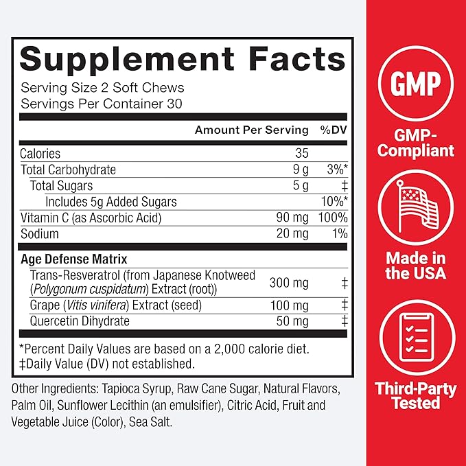 Force Factor Resveratrol Longevity & Anti-Aging, Trans-Resveratrol with Grape Seed Extract, Quercetin & Vitamin C, Anti-Aging Supplement for Cellular Health & Heart Health, Mixed Berry, 60 Soft Chews