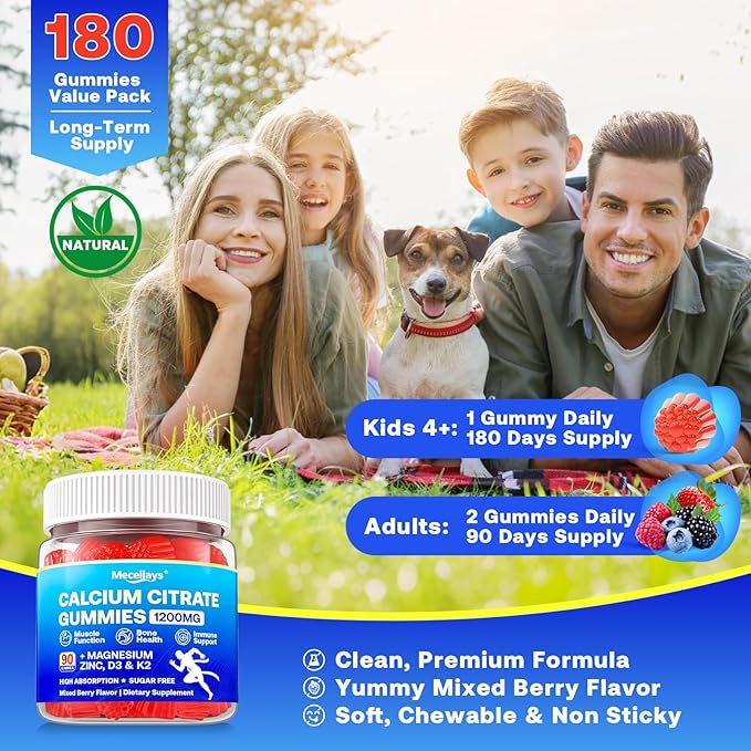 180 Count Calcium Citrate Gummies 1200 mg with Vitamin D3, K2, Magnesium & Zinc, High Absorption Calcium Supplements for Women & Men for B0ne, Muscle & Immune Support, Sugar Free, Mixed Berry Flavor