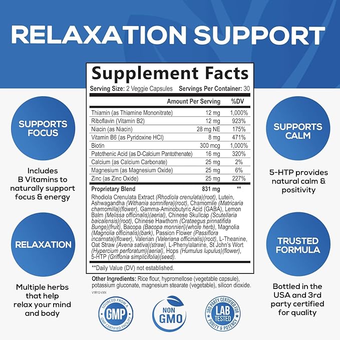 Stress Support Supplement - Extra Strength Ashwagandha, GABA, Magnesium, L-Theanine for Relief - Supports Mood & Focus - Naturally Calm, Unwind & Relax - Eases Tension & Nervousness - 120 Capsules