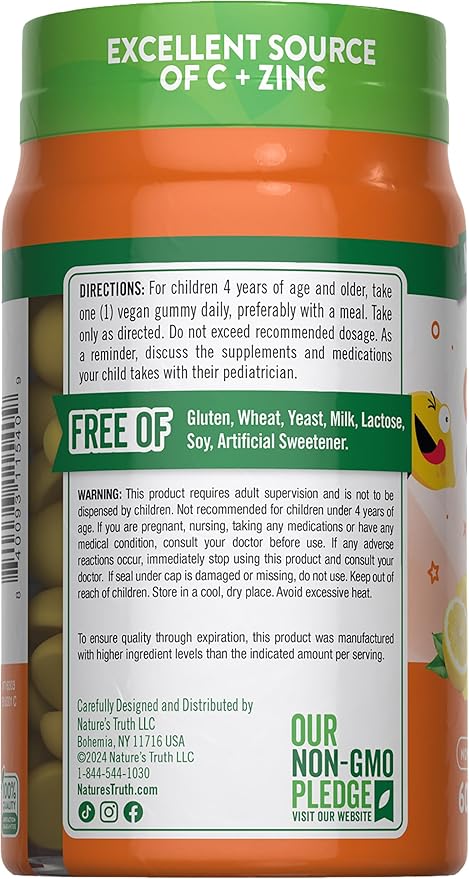 Nature's Truth Vitamin C Gummies for Kids | with Zinc | 60 Count | Vegan, Non-GMO & Gluten Free