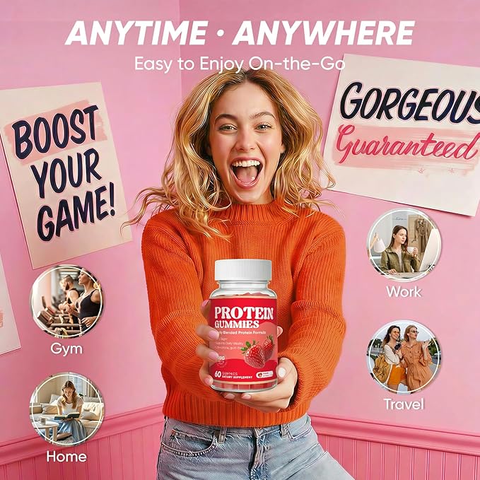 Protein Gummies, 144g Protein Per Bottle, Zero Sugar, Supports Daily Vitality, Low-Calorie, Guilt-Free, Strawberry Flavor, 60 Gummies