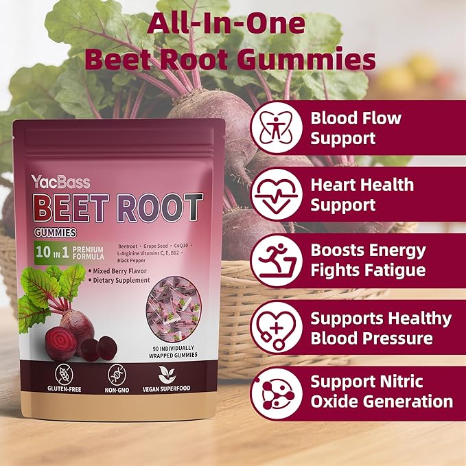 2Pack Beet Root Gummies, 10-in-1 Beetroot Supplements with COQ10, Vitamin C, B12, Grape Seed & Black Pepper Extract, Nitric Oxide Beets SOFE Chews - Mixed Berry Flavor,180 Count