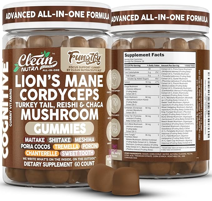 Clean Nutra Lions Mane Mushroom Gummies Cordyceps Supplement for Memory and Focus Immune Support Vitamins Reishi Chaga Turkey Tail Mushrooms Gummy Shiitake Maitake Meshima Supplements