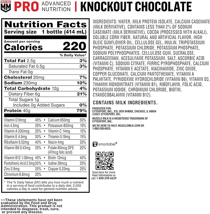 Muscle Milk Pro Advanced Nutrition Protein Shake, Knockout Chocolate, 14 Fl Oz Bottle, 12 Pack, 40g Protein, 1g Sugar, 16 Vitamins & Minerals, 6g Fiber, Workout Recovery, Packaging May Vary