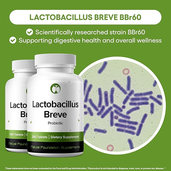 Natural Foundation Supplements Lactobacillus Breve Probiotic Supplement 240 Tablets 3 Billion CFU Probiotics for Men & Women Supports Intestinal Digestive & Gut Health (240, Lactobacillus Breve)