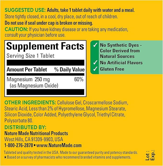 Nature Made Magnesium Oxide 250 mg, Magnesium Supplements for Men and Women, Support for Muscle, Heart, Bone and Nerve Health, 100 Tablets, 100 Day Supply
