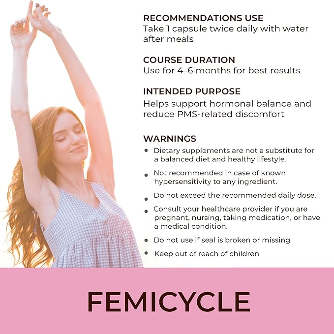 FEMICYCLE Herbal Supplement for Women – PMS, Hormonal & Menstrual Cycle Support – Lodh Tree, Ashoka, Asparagus, Licorice & Turmeric – Period Wellness Formula – 120 Vegan Capsules