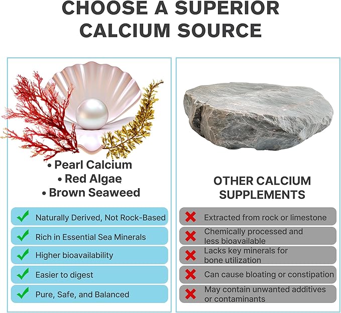 Marine Calcium Bone Density & Strength Supplement, Maximum Absorption Pearl & Icelandic Marine Algae Calcium - with Magnesium, Vitamin D3+K2, Organic 70+ Ocean Minerals for Bone Health,45 Days Supply