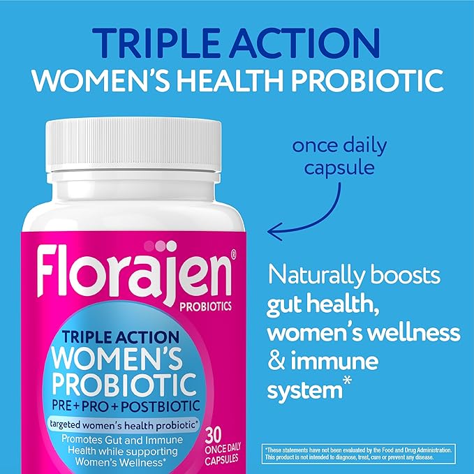 Florajen Women's Complete Triple-Action Prebiotic + Probiotic + Postbiotic for Digestive & Immune Support - Fast-Acting Relief from Constipation & Bloating - Gluten-Free - Vegan - Non-GMO - 30-Count
