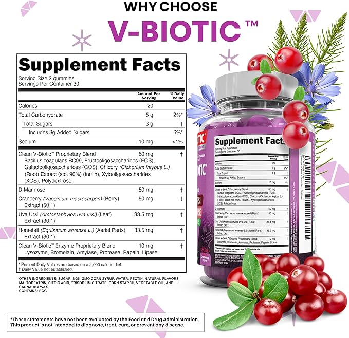 Clean Nutra Vbiotic Gummies, Cranberry, Horsetail, D-Mannose, UVA-Ursi, Probiotic Blend, Enzyme Blend, 60 Count (2)