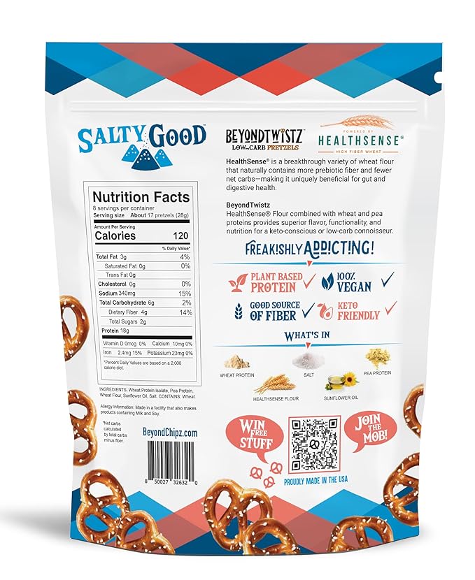 BeyondTwistz Low Carb Pretzels, Salty Good, Keto Friendly, 2g Net Carbs, 18g Protein, Powered By HealthSense® High Fiber Wheat Flour, Family Size 8oz Bag, Pack of 4
