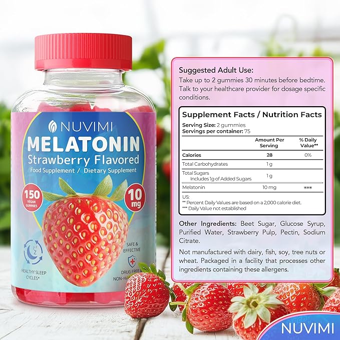Melatonin Gummies - 10 mg Strawberry Flavored Dietary Food Supplement to Help Support Sleep - 150 Vegan Gummies