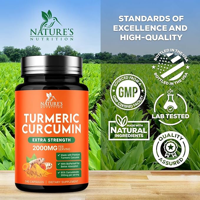 Turmeric Curcumin Supplement - 1800mg Organic Turmeric Per Serving - 95% Curcuminoids & BioPerine Black Pepper Extract for Best Absorption - Natural Vegan Joint Support, Bottled in USA - 240 Capsules