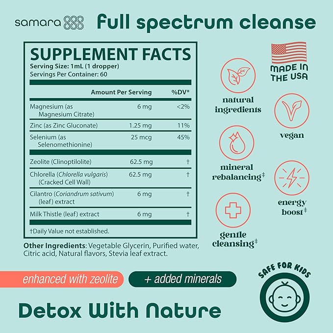 Zeolite Detox for Kids Liquid Drops, Gentle Full-Spectrum Cleanse & Immunity Support with Chlorella, Cilantro Leaf Extract, Milk Thistle, Zinc, Magnesium & Selenium, Mixed Berry Flavor, 60 Servings