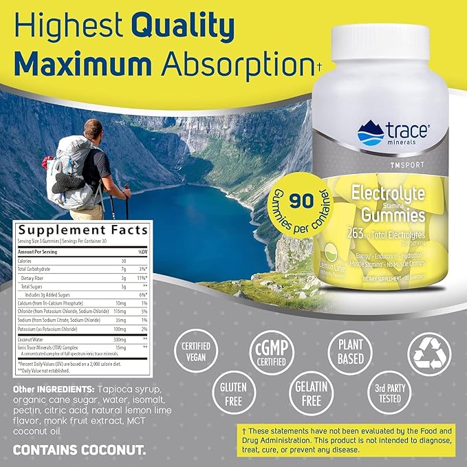Trace Minerals Electrolyte Stamina Gummies - Convenient Electrolyte Supplement that Supports Hydration - Supports Optimal Energy - Muscle Stamina - Vegan - Lemon Lime - 90 Count (30 Servings)