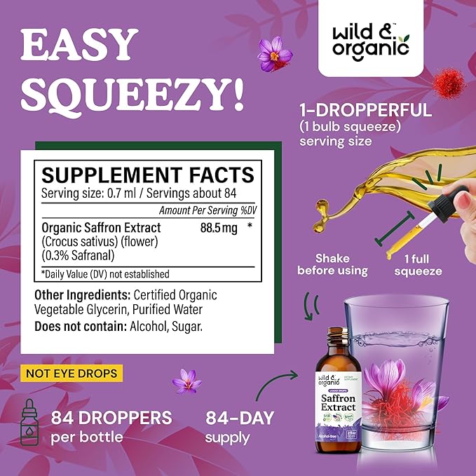 Wild & Organic Saffron Supplements 88.5 mg - Saffron Drops for Mood, Brain, Vision Support - Crocus Sativus Liquid Extract - Vegan, Sugar & Alcohol-Free Tincture - 2 fl oz