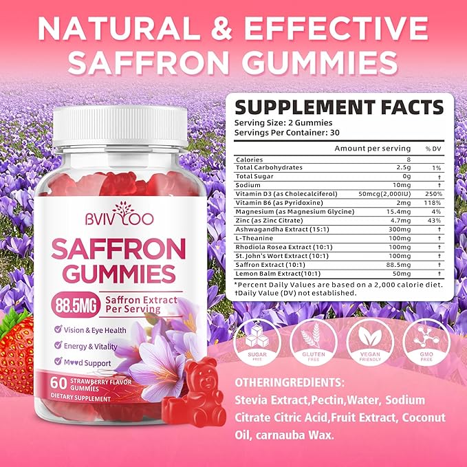Saffron Gummies for Adult Kids, 10-IN-1 Formula with Saffron 88.5mg, Vitamins D3 & B6, Magnesium, Zinc, Ashwagandha, L-Theanine, St. John's Wort - Supports Mood & Focus, Strawberry Flavor, 60 Count