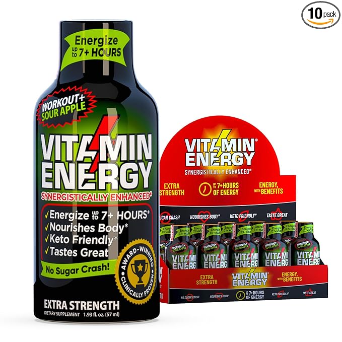 Vitamin Energy Workout+ Extra Strength Energy Shot Sour Apple 10 Pack, 260mg Natural Caffeine, Pre-Workout, B-Vitamins, Minerals, Endurance & Performance, Zero Sugar, Gluten-Free, Vegan, 1.93 fl oz
