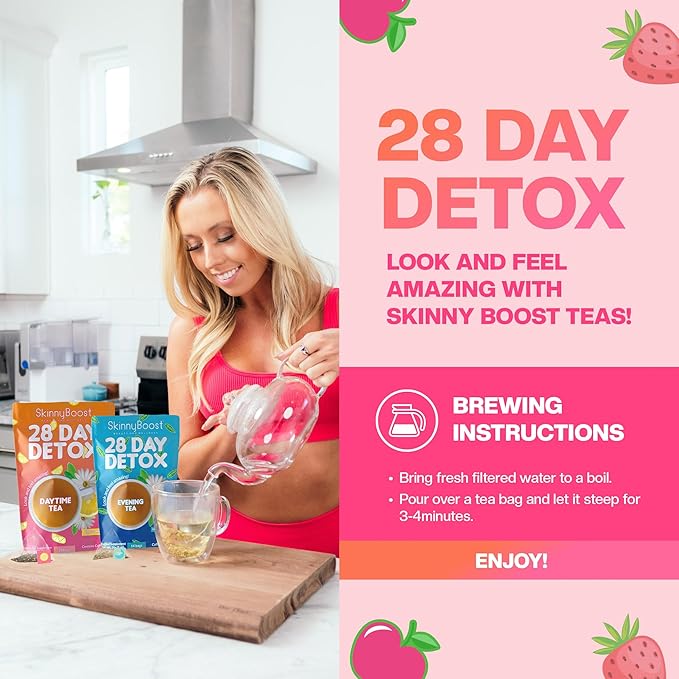 Skinny Boost Detox Tea Kit Slimming Tea for Weight, Metabolism, Energy, Bloating & Colon Cleanse – Green Tea, Herbal, Vegan, Keto, Non-GMO, Sugar-Free-4 PACK –1 Daytime (28 Bags) + 1 Evening -(14 Bags)