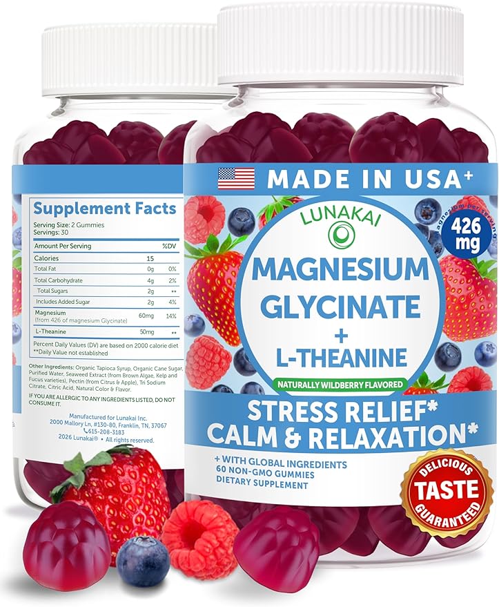 Lunakai USA Made Magnesium Glycinate Gummies 426mg with L-Theanine – Calm, Sleep, Stress Relief for Adults & Kids, Non-GMO, Vegan, 60ct