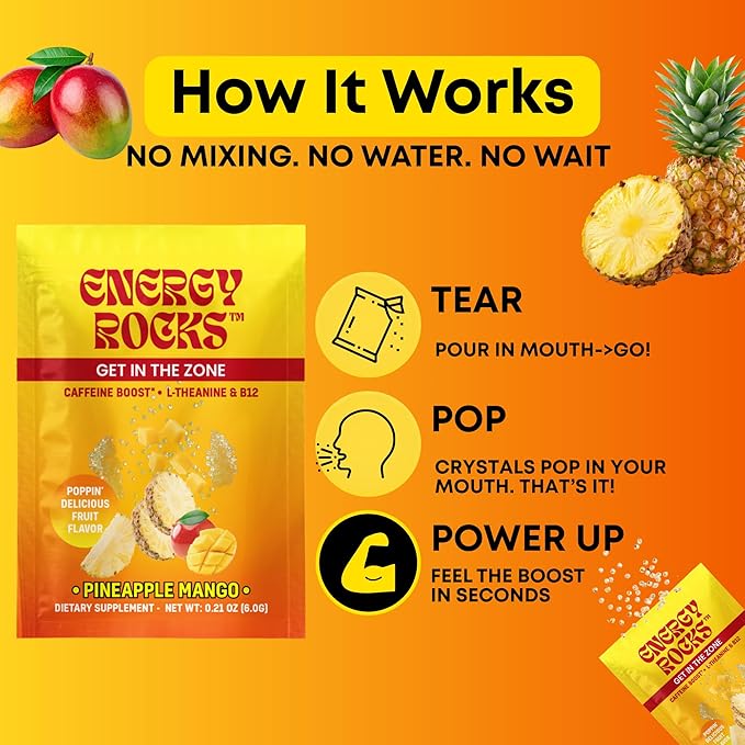 Caffeine Candy - Popping Energy Candy Crystals, 100mg Caffeine, L-Theanine & B12, Fast Energy, No Drink Needed - Coffee Alternative 15-Pack (Pineapple Mango & Cherry Berry)