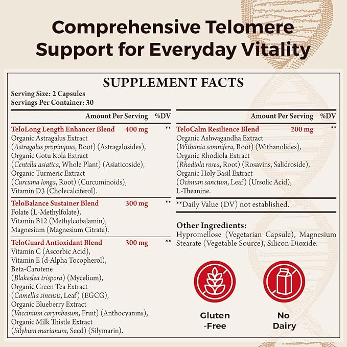Telomere Lengthening Supplements – Organic Astragalus, Gotu Kola, Vitamin D3, Folate, L-Theanine – Anti-Aging, DNA Repair, Immune & Cellular – 60 Vegan Capsules, Made in Japan (2 Bottle)
